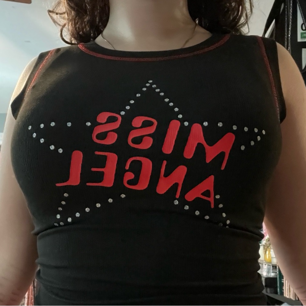 y2k “miss angel” black tank top with red stitching and rhinestone star